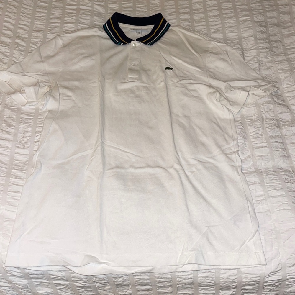 White Lacoste Men’s Polo with Colored Collar with Stripes size L